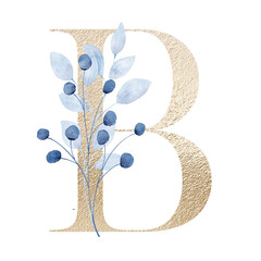 Gold letter B with watercolor blue leaves. Floral monogram initials perfectly for wedding invitations, greeting card, logo, poster and other design. Hand painting.