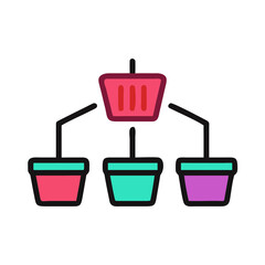 llustration of a store with three connected shopping baskets below, concept image
