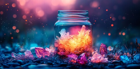 Magical Crystals Glowing in a Glass Jar