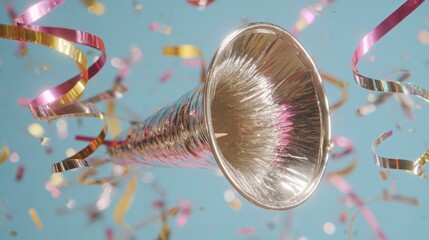 Festive party horn surrounded by confetti and streamers