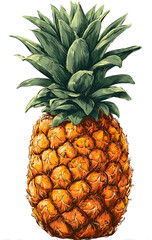 Detailed Illustration of a Ripe Pineapple with Green Crown