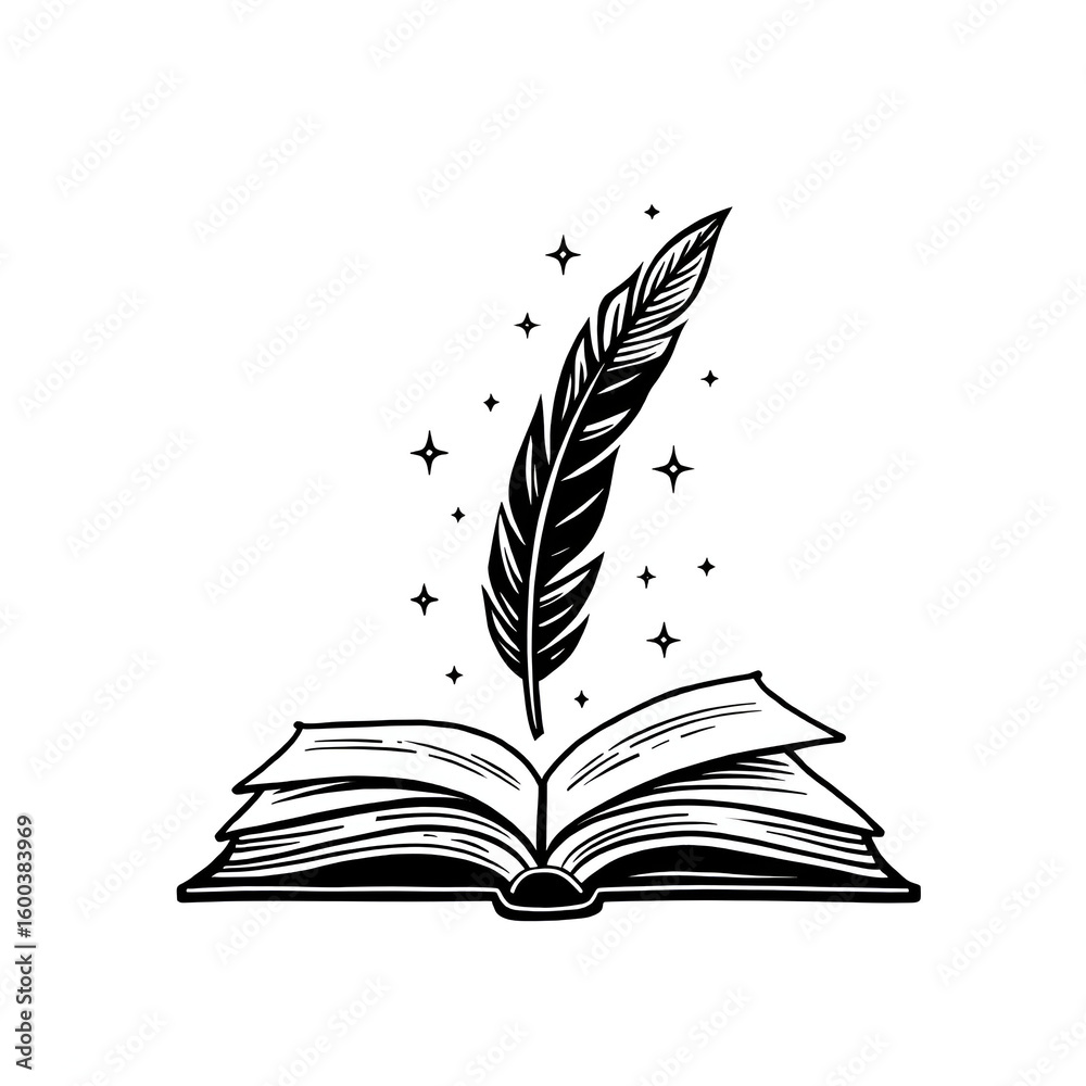 Fototapete vector drawn feather pen with open book with copy space white background, minimalist line art of boo