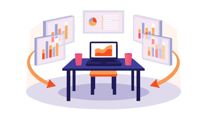Fototapeta premium Isometric view of a desk with laptop, charts, graphs, and two cups in a modern office space