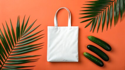White eco-friendly tote bag with cucumbers and green palm leaves on orange background