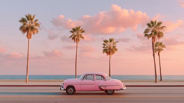 Vintage pink car driving along a coastal road lined with palm trees at sunset, with a pastel sky and ocean in the background, creating a retro summer travel vibe.