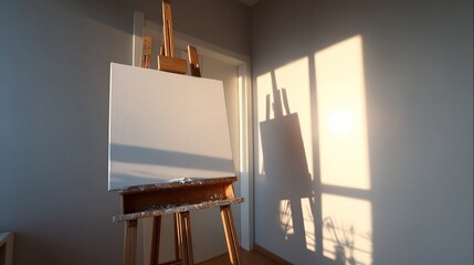 Empty canvas on easel in sunlit room