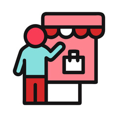 llustration of a store with three connected shopping baskets below, concept image
