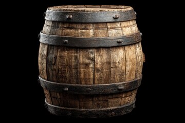 Fototapeta premium An old wooden barrel with metal hoops sits against a black backdrop