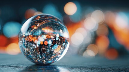 Crystal ball reflecting city lights