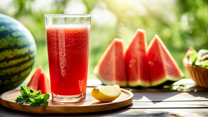 A glass of watermelon juice taken outdoors in a watermelon field during summer