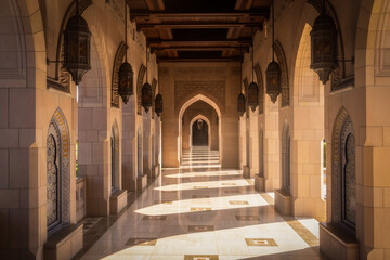 View of a sun-drenched corridor with ornate arches and hanging lanterns casting shadows on the polished floor, Muscat, Muscat Governorate, Oman.