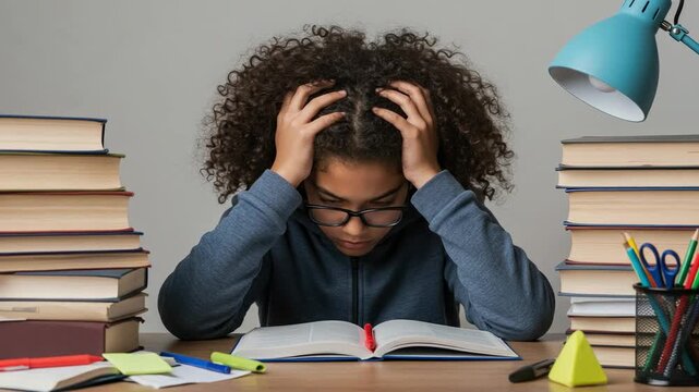 Stressed teenage girl studying at a desk. Overwhelmed African American student with head in hands surrounded by books. Academic pressure and exam preparation.