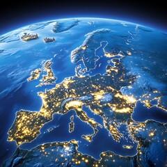 A colorful nighttime view of the Earth highlighting Europe and lights