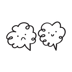 Outline design. Happy and unhappy faces. Speech bubbles. Mental health concept. Vector design. Illustration on white background.