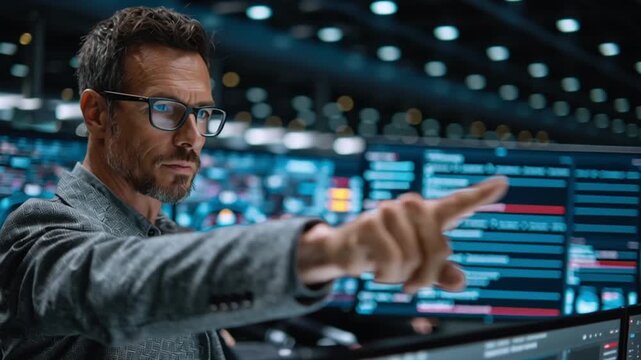 Cybersecurity Analyst: A focused analyst in glasses, skillfully navigates a complex network of screens in a command center, symbolizing the critical role of data protection in the digital age. 