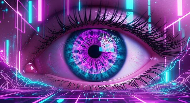 Futuristic vision of artificial intelligence, a glowing cyber eye navigating a metaverse of neon data streams and virtual reality.