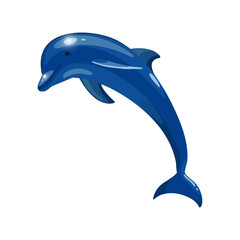 Cute beautiful blue dolphin character is jumping on white background in cartoon style for icons, stickers, coloring, logo
