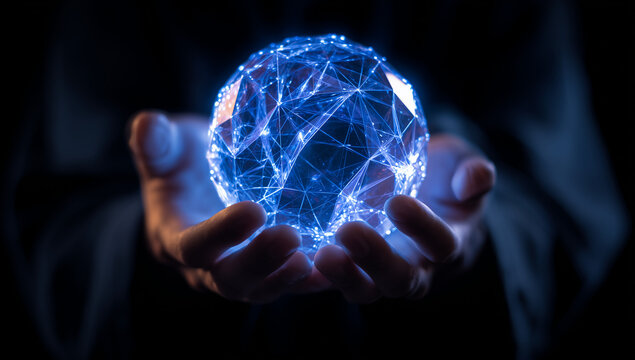 A person holding a glowing blue holographic crystal ball in their hands, representing the power of AI technology and futuristic creativity. - Powered by Adobe