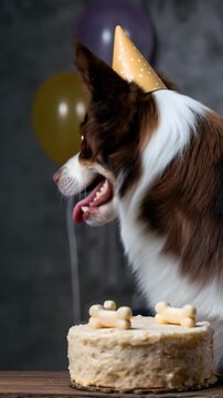 Excited dog with party hat beside birthday cake