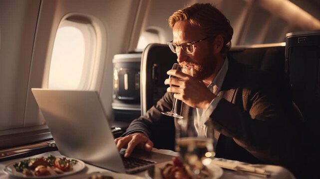 Jet-Setting Success: A focused professional enjoys a sophisticated in-flight experience. This image showcases an individual seamlessly balancing work and luxury amidst the clouds.