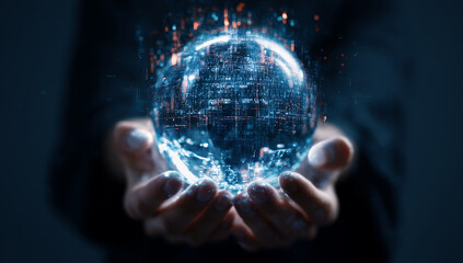 A person holding a glowing blue holographic crystal ball in their hands, representing the power of AI technology and futuristic creativity.
