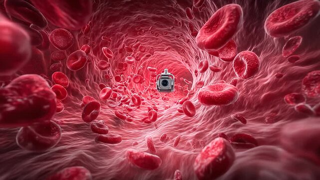 Microbot camera navigating through a blood vessel with red cells