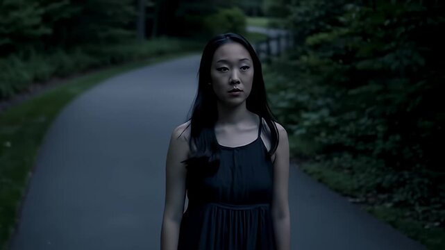 Young woman in black dress on path surrounded by trees, looking ahead somberly