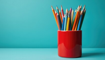 Red cup holds collection of colorful pencils, pens against turquoise backdrop. Simple composition vibrant art supplies. Image suggests creativity, education, tidiness for home office.