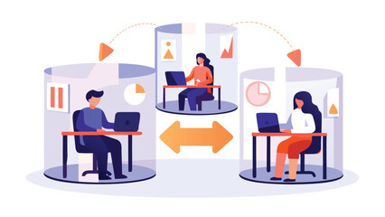 Fototapeta premium People working remotely in isolated pods connected by arrows representing communication flow network