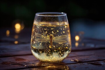 Dragonfly in a golden glass, lit by fairy lights