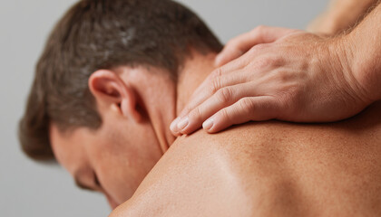Fototapeta premium Closeup of hands performing a soothing body massage with oil—therapeutic spa treatment focusing on muscle relief, calming strokes, and holistic relaxation for comfort, wellness, and serenity.