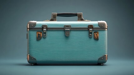 Vintage teal suitcase on neutral studio background. Possible use stock photo