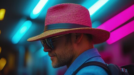 Man in hat and sunglasses, neon lights, city background, portrait, stock photo