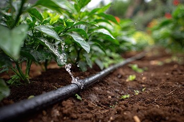 Leaking irrigation pipe in a garden bed