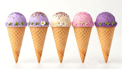Row of colorful decorated ice cream cones with sprinkles and flowers on white background