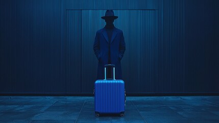 Man with suitcase in front of modern building