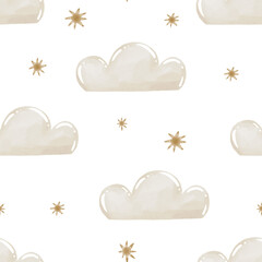 Cute baby Seamless pattern with sky clouds and stars.  Watercolor background. Kids design, wallart, paper