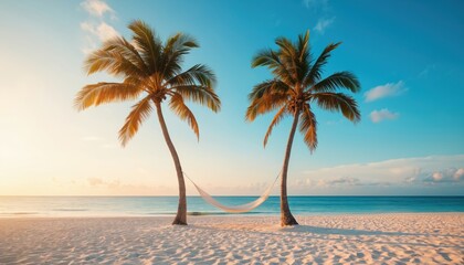Serene tropical beach scene during golden hour, featuring white hammock strung between two vibrant palm trees. Tranquil turquoise ocean meets soft sandy shore under clear blue sky with wispy clouds.