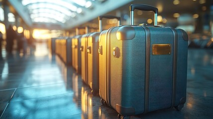 Airport baggage claim; suitcases in a row, sunset glow
