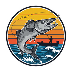 Naklejka premium Fishing Adventure Barracuda and Angler in a Sunset Circle, fishing t-shirt graphics