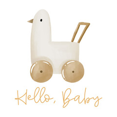 Baby card for newborn with funny duck bird  toy. Baby shower greeting card. Kids boho design