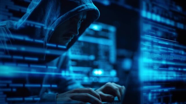 Hacker in Cybernetic Realm: A hooded figure, immersed in a cybernetic world, meticulously navigates intricate code on multiple screens, embodying the digital era's clandestine side. 