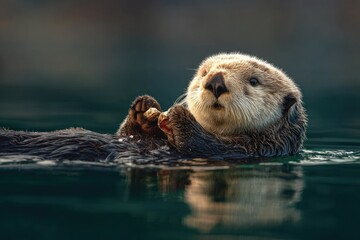Sea otter floats in water, holding food