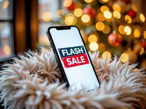 Smartphone displaying 'Flash Sale' message with Christmas lights in background  
