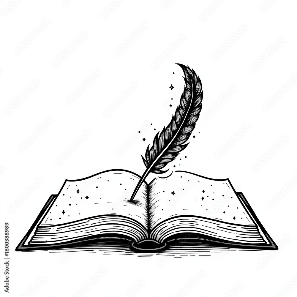 Fototapete vector drawn feather pen with open book with copy space white background, minimalist line art of boo