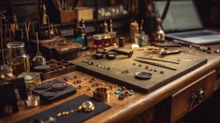 Jewelry workbench, tools, gems