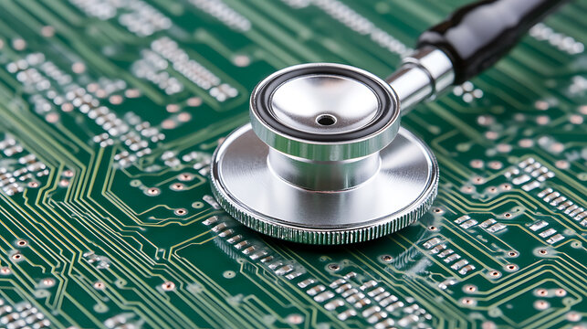 IT System Diagnostics: Stethoscope resting on a green circuit board symbolizes technology evaluation, problem solving, and health of computer systems.
