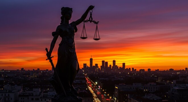 Lady Justice Silhouette overseeing city's skyline at sunset with fiery skies