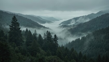 Misty forest valley panorama. Dense evergreen trees blanket rolling hills under cloudy sky. Fog settles in valley, creating serene, tranquil natural landscape perfect for outdoor adventure quiet