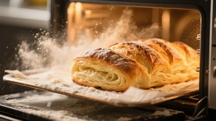 Freshly Baked Pastry Emerging from Oven with Dusting of Flour